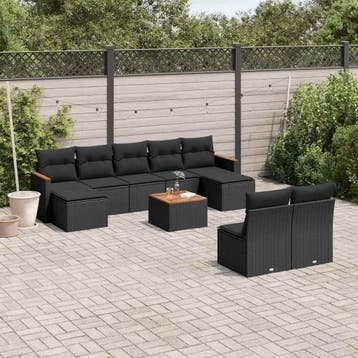 vidaXL 10-delige Loungeset met kussens poly rattan zwart, Verzenden, Nieuw, Loungeset