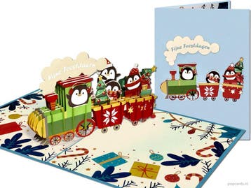 Vrolijke Kerstkaart Pinguïns in Kersttreintje pop-up kaart, Verzenden, Nieuw