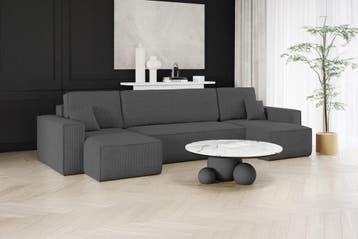 Slaapbank Ribstof Karlo Antraciet | U-bank | €649,-, Verzenden, Blauw, Overige maten, Overige maten