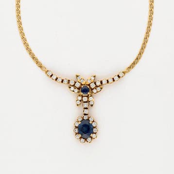 Halsketting - 14 karaat Geel goud Saffier - Diamant, Sieraden, Tassen en Uiterlijk, Kettingen, Nieuw