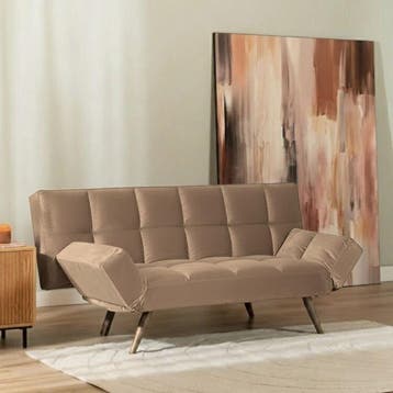 50% Korting: Velvet slaapbank 1,5 persoons Timo taupe, Ophalen, Zo goed als nieuw, Velvet chique, Modern