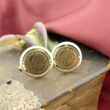 Gouden manchetknopen met 5 gulden munt Koningin Wilhelmin..., Ophalen of Verzenden, Gebruikt, Goud