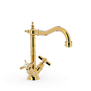 Wastafelkraan Tres Clasic 2 Grepen Hoog Gebogen Goud, Nieuw, Ophalen of Verzenden, Minder dan 100 cm, Wasbak of Wastafel
