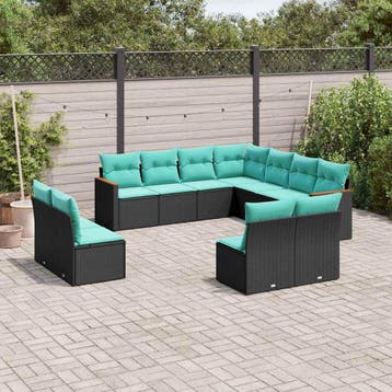 vidaXL 11-delige tuinbankset met kussens, zwart polyrotan, Verzenden, Nieuw