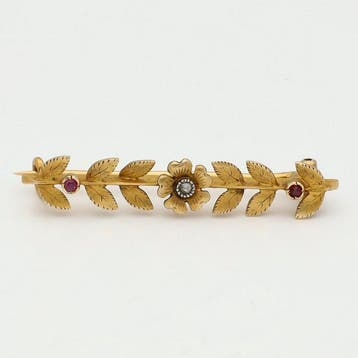 Broche - 14 karaat Geel goud - Robijn Diamant/Natuurlijk