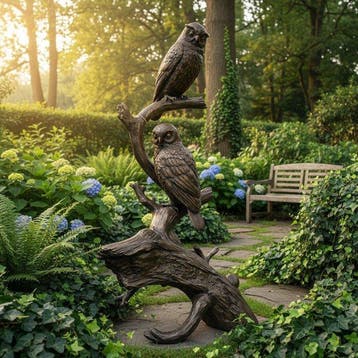 sculptuur, Two Owls on a Tree Trunk - 170 cm - Brons, Antiek en Kunst, Curiosa en Brocante