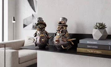 Beeld, Steampunk uil en kat - 14 cm - Hars