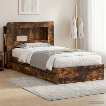 vidaXL Bedframe met opslag Gerookt eiken 90 x 200 cm Bewerkt, Huis en Inrichting, Verzenden, Nieuw, Bruin, Hout