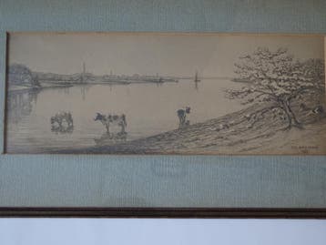 Litho IJssel met koeien zicht op Deventer Co Breman 1937, Verzenden