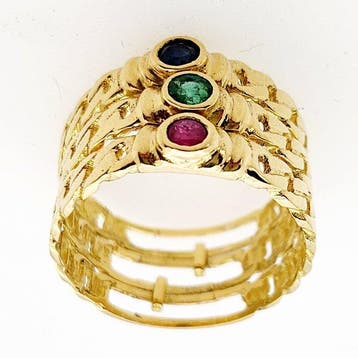 Ring - 18 karaat Geel goud - 0.10ct. tw. Smaragd - Saffier, Nieuw