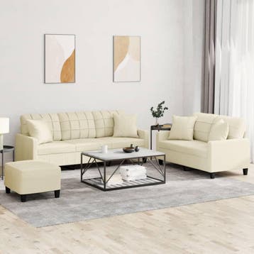 vidaXL 3-delige Loungeset met kussens kunstleer crèmekleurig, Verzenden, Nieuw, Leer, Minder dan 150 cm