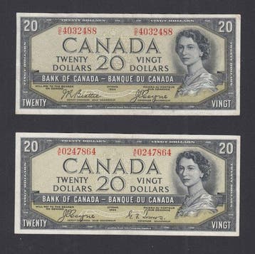 Canada. - 2 x 20 Dollars 1954 – Both Scarce Devils Face