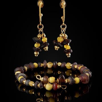 Oud-Romeins Bracelet, met Romeinse glazen kralen, Earrings