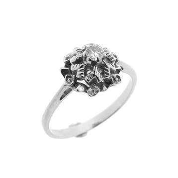 Antieke witgouden entourage ring met diamant 0,10 ct., Gebruikt, Ophalen of Verzenden, Kleiner dan 17, Met edelsteen