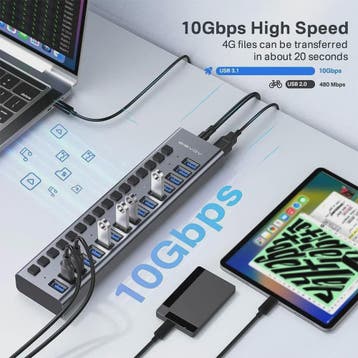 Acasis 16-Poorts USB Hub 10Gbps met Individuele Schakelaars, Verzenden, Nieuw