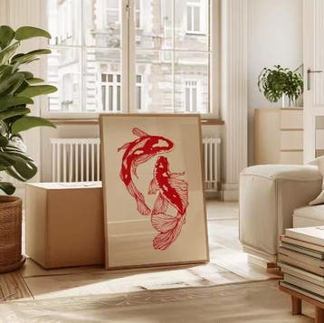 Japanse Rode Koi Vis Canvas Poster Minimalistische Art, Verzenden, Nieuw