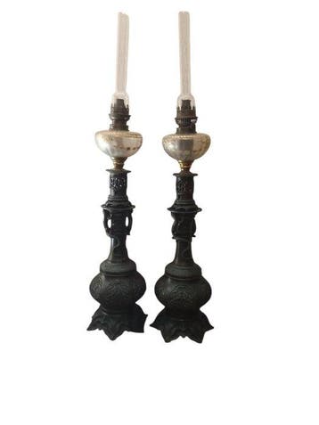 Petroleumlamp (2) - Glas, Brons