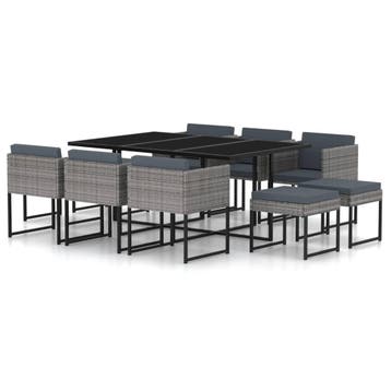 vidaXL 11-delige Tuinset met kussens poly rattan grijs, Verzenden, Nieuw, Meer dan 8 zitplaatsen, Tuinset