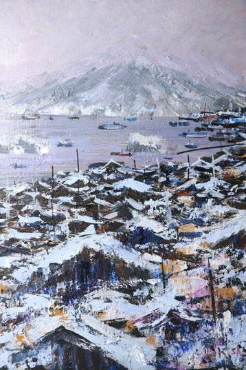 Textuurrijk olieverfschilderij – sneeuwachtig kustlandschap