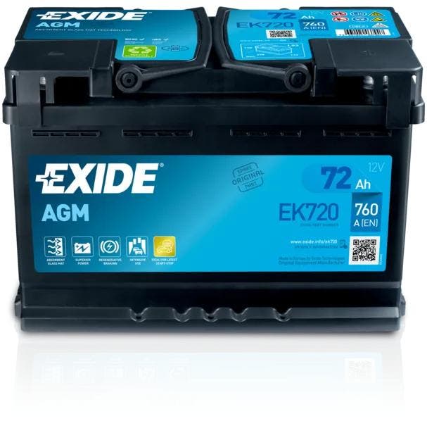 Exide 72AH Accu (EK720) Batterij 760A AGM (Start Stop) 12..., Auto-onderdelen, Accu's en Toebehoren, Nieuw, Ophalen of Verzenden
