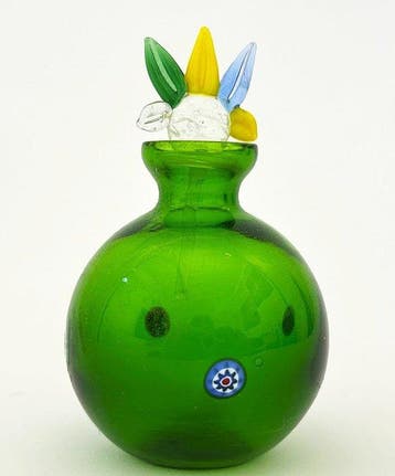 Parfumfles - Groen glas met murrine en gesculpte stopper -