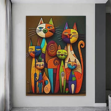 Abstracte Katten Canvas Schilderij - Kleurrijk Cartoon Diere, Verzenden, Nieuw in verpakking
