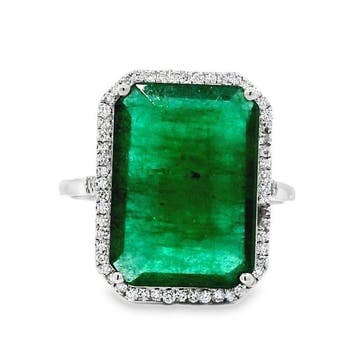Ring Platina - 6.20ct. tw. Smaragd - Diamant - Halo Ring, Nieuw