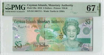 2010 Cayman Islands 5 Dollars Pick 39a Pmg Superb Gem Unc..., Verzenden