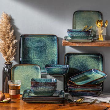 16x Groene Vierkante Keramische Serviesset - Danish Design, Huis en Inrichting, Keuken | Servies, Verzenden, Keramiek, Nieuw, Overige stijlen