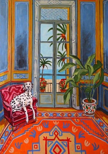 Corina Schroeder - Interior with dalmatian and sea view