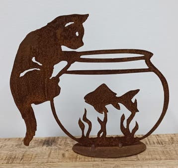 Tuinbeeld Kat Pip bij vissenkom -H21 x B24cm, Verzenden, Nieuw