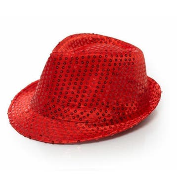 Trilby hoed met pailletten - rood - glitter - Gangsterhoeden, Ophalen of Verzenden, Nieuw