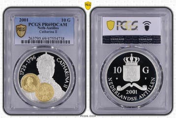 Nederlandse Antillen 10 gulden 2001 Handelsmunten serie 24, Postzegels en Munten, Verzenden, Losse munt, Zilver