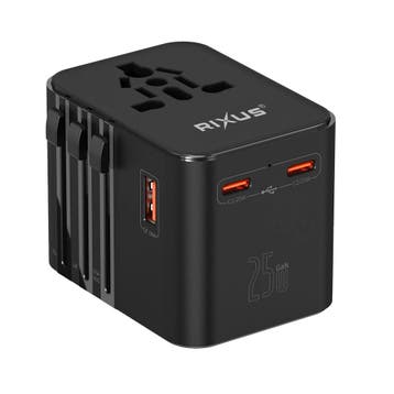 Rixus RX3425 Wereldreisadapter 25W met 3 USB-poorten Zwart, Verzenden, Nieuw