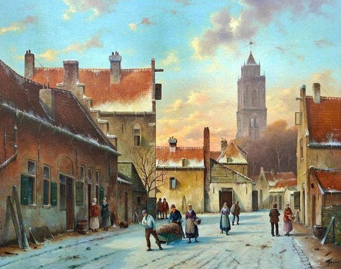 Fred Arends (1949) - Dorpsgezicht met kerk in de winter, Antiek en Kunst, Kunst | Schilderijen | Klassiek