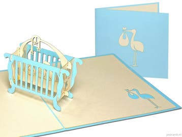 Blauw wiegje met baby pop-up geboortekaart jongen, Verzenden, Nieuw