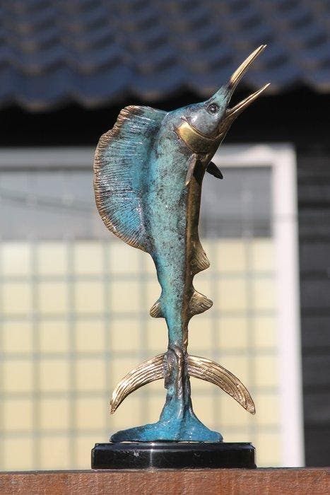 sculptuur, marlijn bronzen beeld - 38 cm - brons marmer, Antiek en Kunst, Curiosa en Brocante