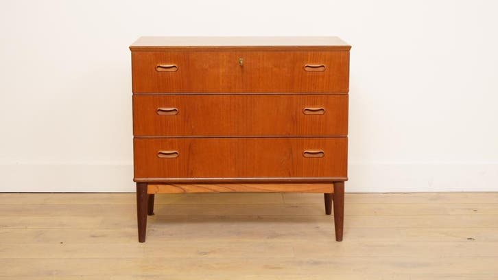 Vintage Deense ladekast | Teak | 3 lades, Huis en Inrichting, Kasten | Ladekasten, Ophalen of Verzenden