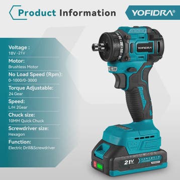 YOFIDRA 21V Brushless Accuboormachine - 10mm Klopboorfunctie, Verzenden, Nieuw