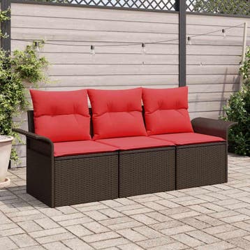 vidaXL Bankstel met kussen 3 pcs Bruin en Rood poly rattan, Verzenden, Nieuw, Rotan, 3 zitplaatsen