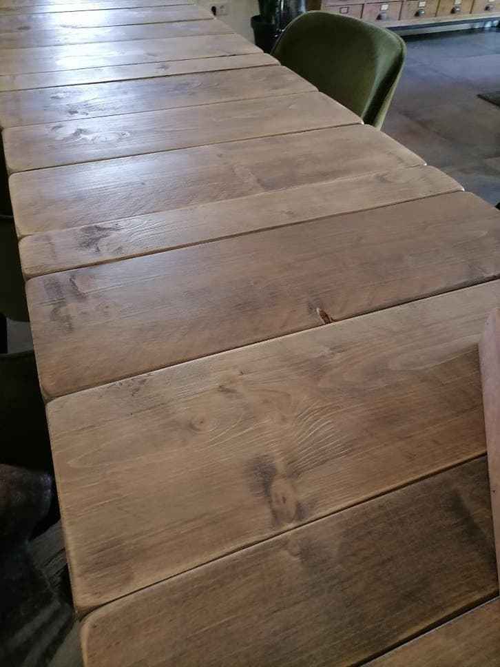 Lange smalle eettafel / bureau / staal onderstel / hout blad, Huis en Inrichting, Tafels | Eettafels, 50 tot 100 cm, 200 cm of meer