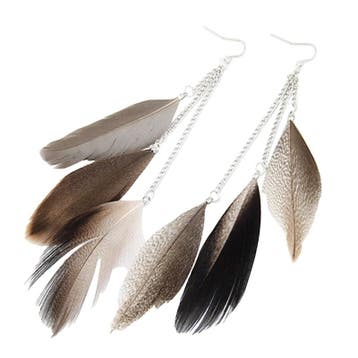 Fako Bijoux - Oorbellen - Veren Trio Smal - Grijs, Verzenden, Nieuw