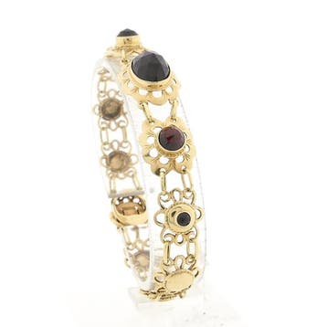 Gouden bootjesarmband met granaat; 14 karaat; 18,5 cm, Gebruikt, Ophalen of Verzenden, Met edelsteen, Goud