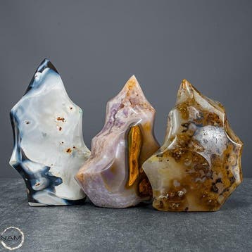 Spectaculair Orca-agaat vlammen-set met roze amethist – drie