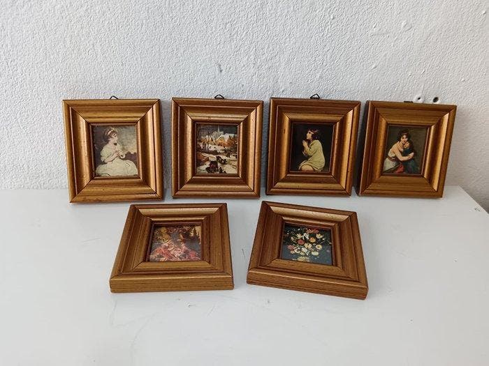 Wanddecoratie - Set van 6 vintage miniatuur schilderijen –, Antiek en Kunst, Curiosa en Brocante