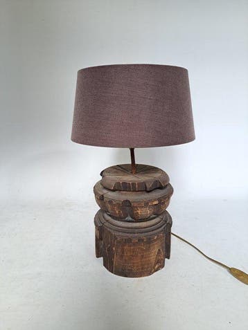 Tafellamp - Hout, Textiel - Indiase Houten poerlamp
