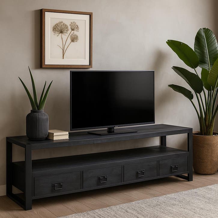 Tv-meubel Mangohout Britt 180 Zwart, Huis en Inrichting, Kasten | Televisiemeubels, Nieuw, Overige houtsoorten, Verzenden
