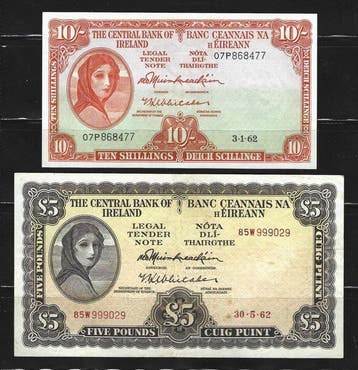 Ierland. - 10 Shillings, 5 Pounds - 1962 - Pick 63a, 65a, Postzegels en Munten, Bankbiljetten | Europa | Niet-Eurobiljetten
