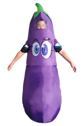 KIMU® Opblaas Kostuum Aubergine Pak Opblaasbaar Pak Aubergin, Carnaval, Nieuw, Overige maten, Ophalen of Verzenden