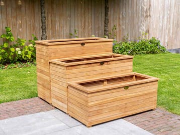 Teak plantenbak of bloembak | Ruime collectie | Op voorraad, Tuin en Terras, 100 cm of meer, Nieuw, Ophalen of Verzenden, Balkon